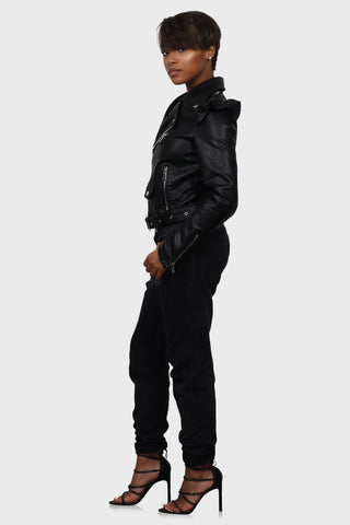 Vegan womens belted leather jacket black side