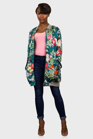 women's floral bomber jacket teal front