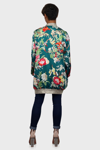 women's floral bomber jacket teal back
