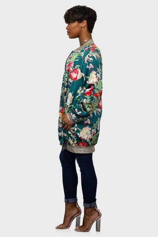 women's floral bomber jacket teal side