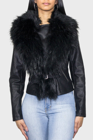 leather jacket black front closeup