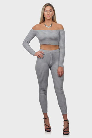 ribbed knit loungewear set light grey front two