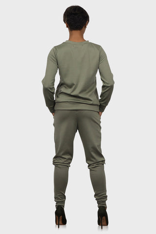 two piece jogger set olive green back