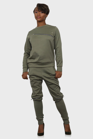 two piece jogger set olive green front