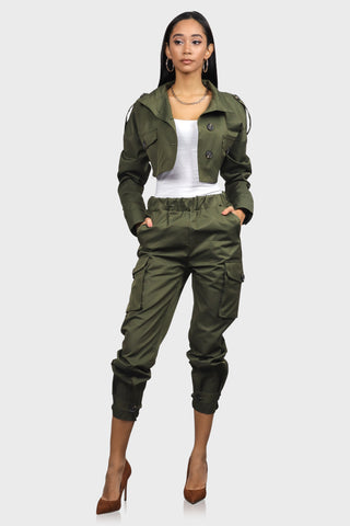 womens cargo joggers olive green front