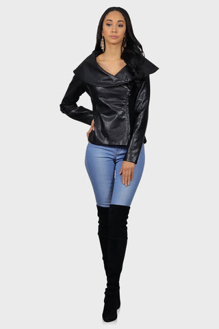 womens faux leather jacket black front two