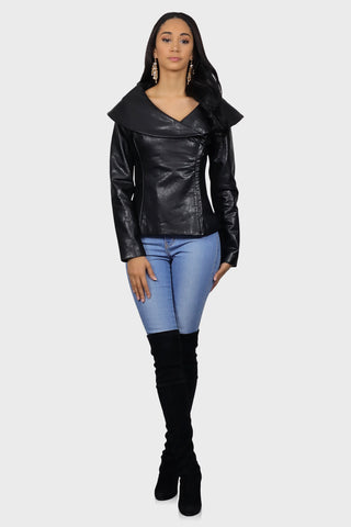 womens faux leather jacket black front