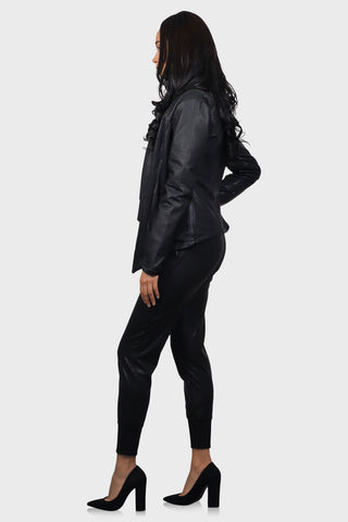 black womens leather jacket side