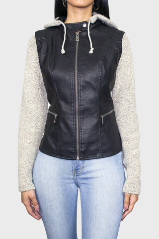 leather hooded jacket black front closeup