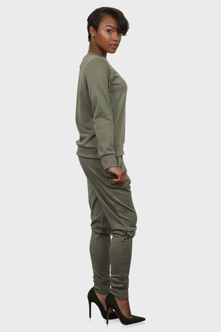 two piece jogger set olive green side
